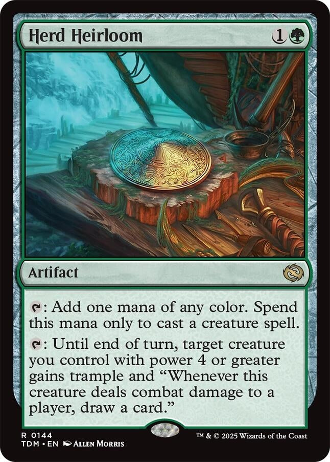 Herd Heirloom artifact card featuring a decorative circular object, with text detailing its abilities and mana cost.