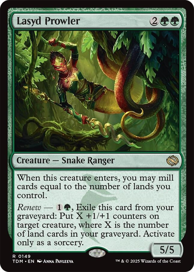 Lasyd Prowler card featuring a Snake Ranger in a lush forest, with abilities for land card interaction and creature enhancement.