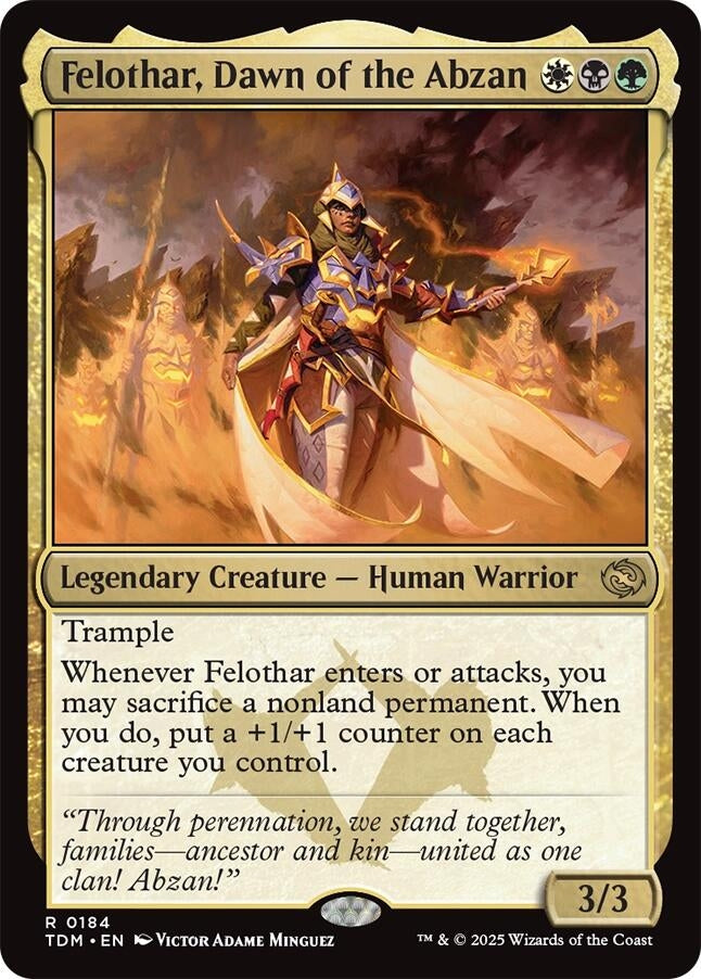 Felothar, Dawn of the Abzan card featuring a legendary Human Warrior with trample ability and a thematic design.
