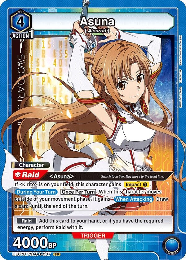 Asuna character card from Sword Art Online featuring action abilities and game mechanics, with vibrant artwork and stats.