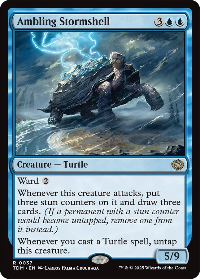 Ambling Stormshell card featuring a turtle creature with blue color, stats 5/9, and abilities related to attacking and drawing cards.