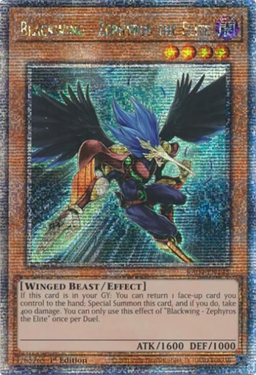 Blackwing - Zephyros the Elite card featuring a winged beast with shimmering effects and detailed stats for gameplay.