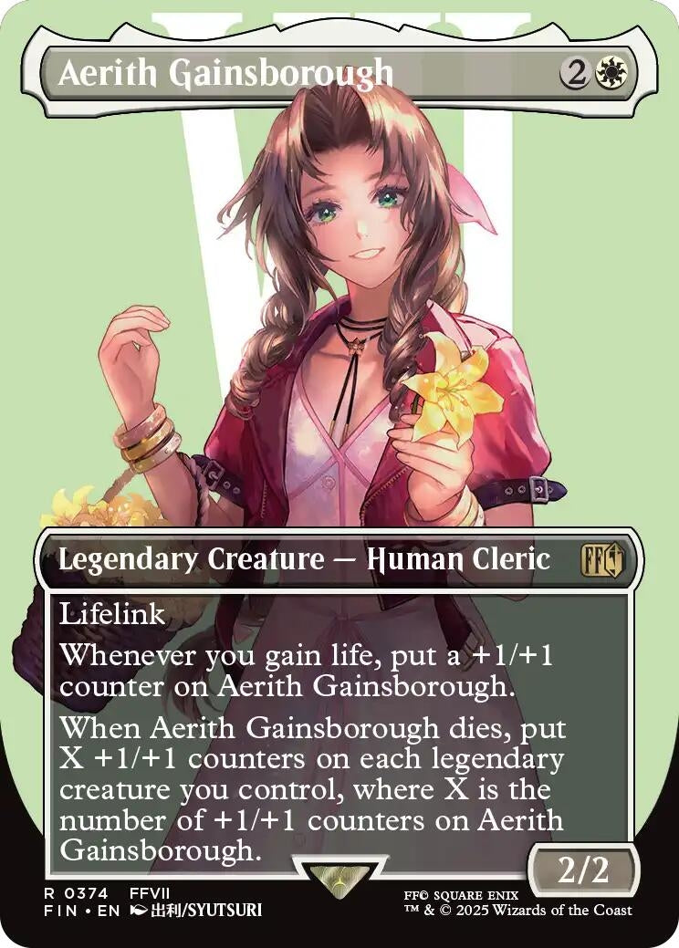 Aerith Gainsborough card featuring a legendary creature with lifelink and abilities related to gaining life and counters.