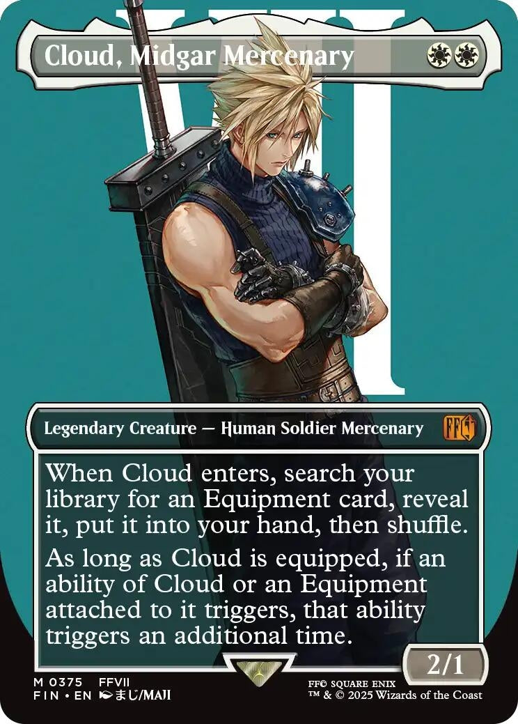 Cloud, Midgar Mercenary card featuring a legendary creature with abilities related to Equipment and additional triggers.