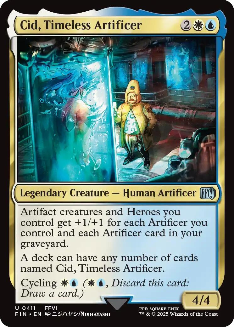 Legendary creature card featuring Cid, Timeless Artificer, a human artificer with abilities enhancing artifacts and heroes.