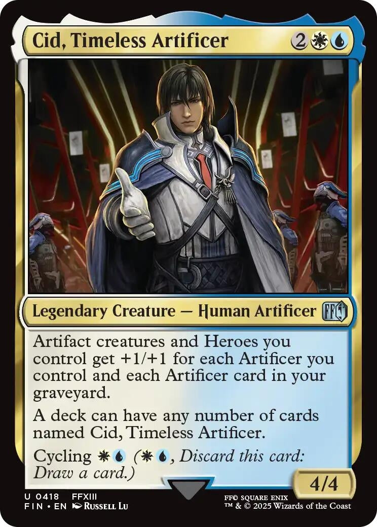 Cid, Timeless Artificer card featuring a human artificer in a blue and white color scheme, showcasing abilities related to artifacts and heroes.