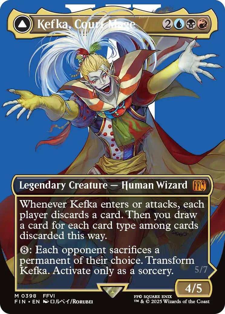 Kefka, Court Mage card featuring a colorful, flamboyant wizard with a mischievous expression and magical effects.