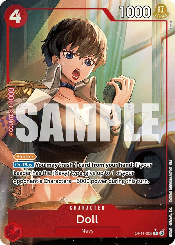 Alternate art card featuring Doll, a character with short brown hair, wearing a navy outfit. The card has game stats and abilities.