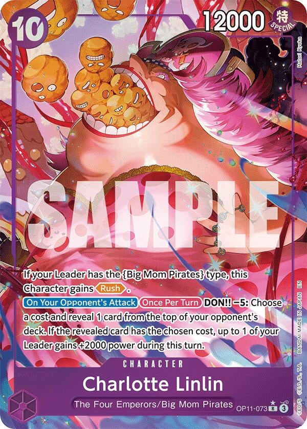 Alternate art card of Charlotte Linlin from One Piece, featuring vibrant colors and dynamic action. Character details included.