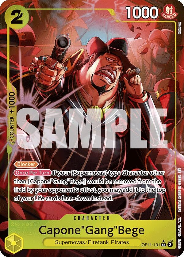 Alternate art card of Capone "Gang" Bege from One Piece, featuring vibrant colors and dynamic character design.
