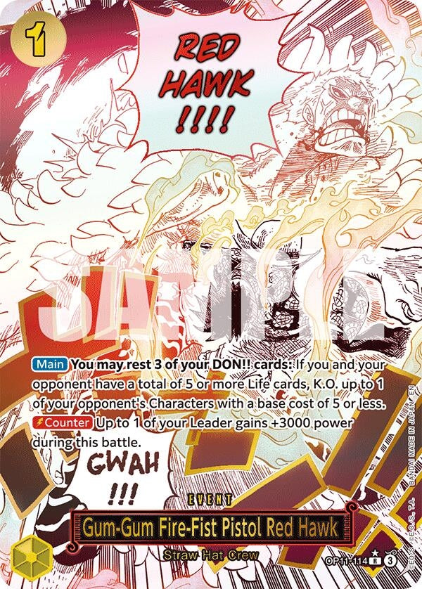 Gum-Gum Fire-Fist Pistol Red Hawk alternate art card featuring vibrant illustrations and game mechanics for strategy play.