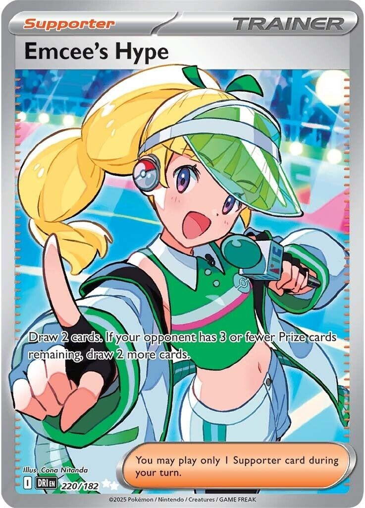 Emcee's Hype Trainer card featuring a vibrant character in a green outfit, promoting card drawing mechanics in gameplay.