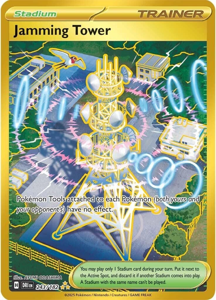 Jamming Tower Stadium card from Pokémon TCG featuring a tall communication tower emitting energy waves, affecting Pokémon Tools.