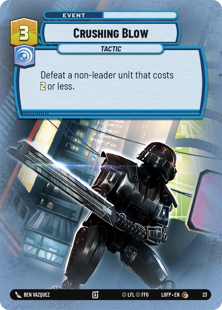 Event card "Crushing Blow" featuring a tactical theme, depicting a character with a large weapon and a sci-fi background.