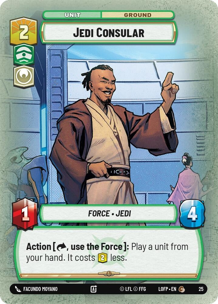 Jedi Consular card featuring a Jedi character with a confident pose, showcasing unit stats and abilities for gameplay.