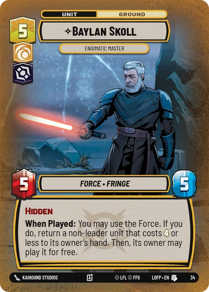 Baylan Skoll card featuring a character with a lightsaber, showcasing stats and abilities for a tabletop game.