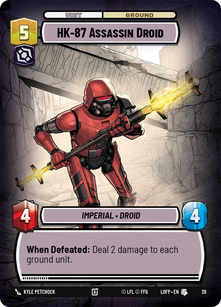 HK-87 Assassin Droid card featuring a red armored droid wielding a weapon, with stats and abilities displayed.