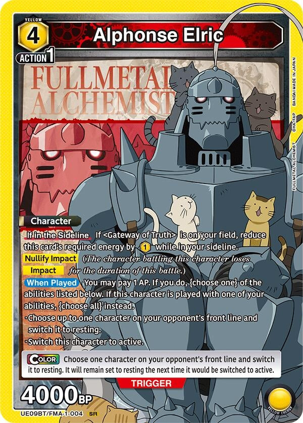 Alphonse Elric trading card featuring character details, abilities, and artwork from Fullmetal Alchemist series.