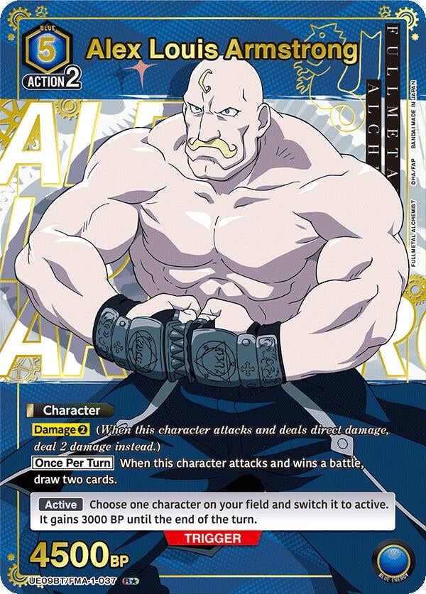 Alex Louis Armstrong card featuring character stats, abilities, and artwork from Fullmetal Alchemist trading card game.