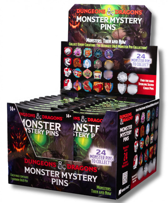 Dungeons and Dragons Monster Mystery Pin blind box display featuring 24 collectible pins with various monster designs.