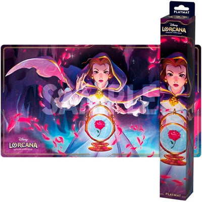 Disney Lorcana TCG playmat featuring Belle with a magical rose, set against a vibrant, mystical background.