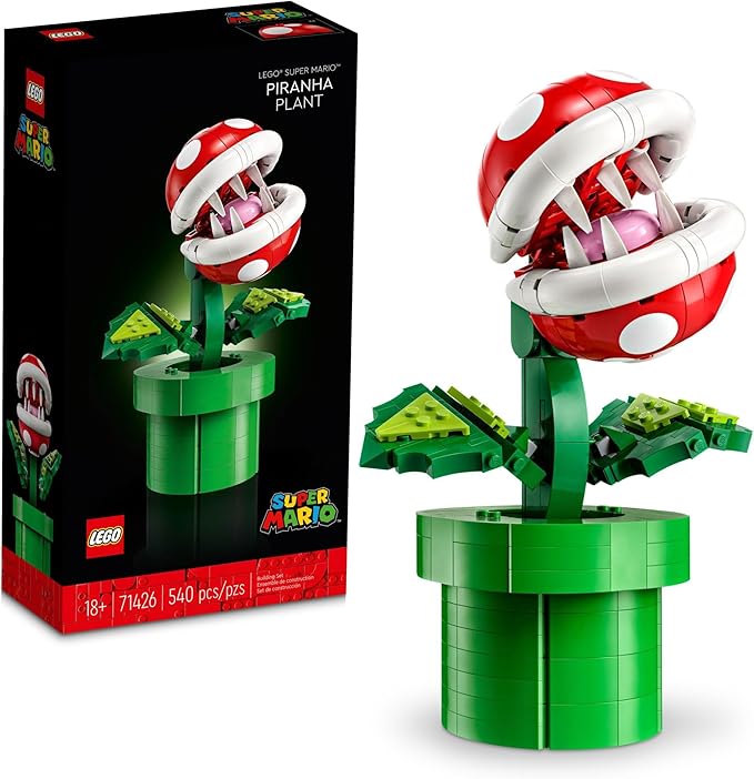 LEGO Piranha Plant set 71426 features a vibrant plant with a red and white flower, green leaves, and a pipe base.