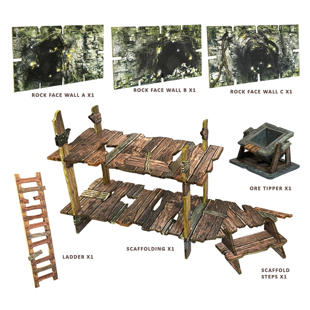Fantasy Dungeon: Mines of Meruta preorder includes detailed terrain pieces like rock walls, scaffolding, ladder, and an ore tipper.