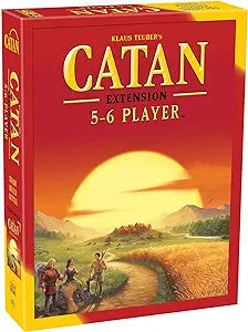 Catan 5-6 Player Extension box featuring a sunset over a landscape with characters and fields, enhancing gameplay for larger groups.