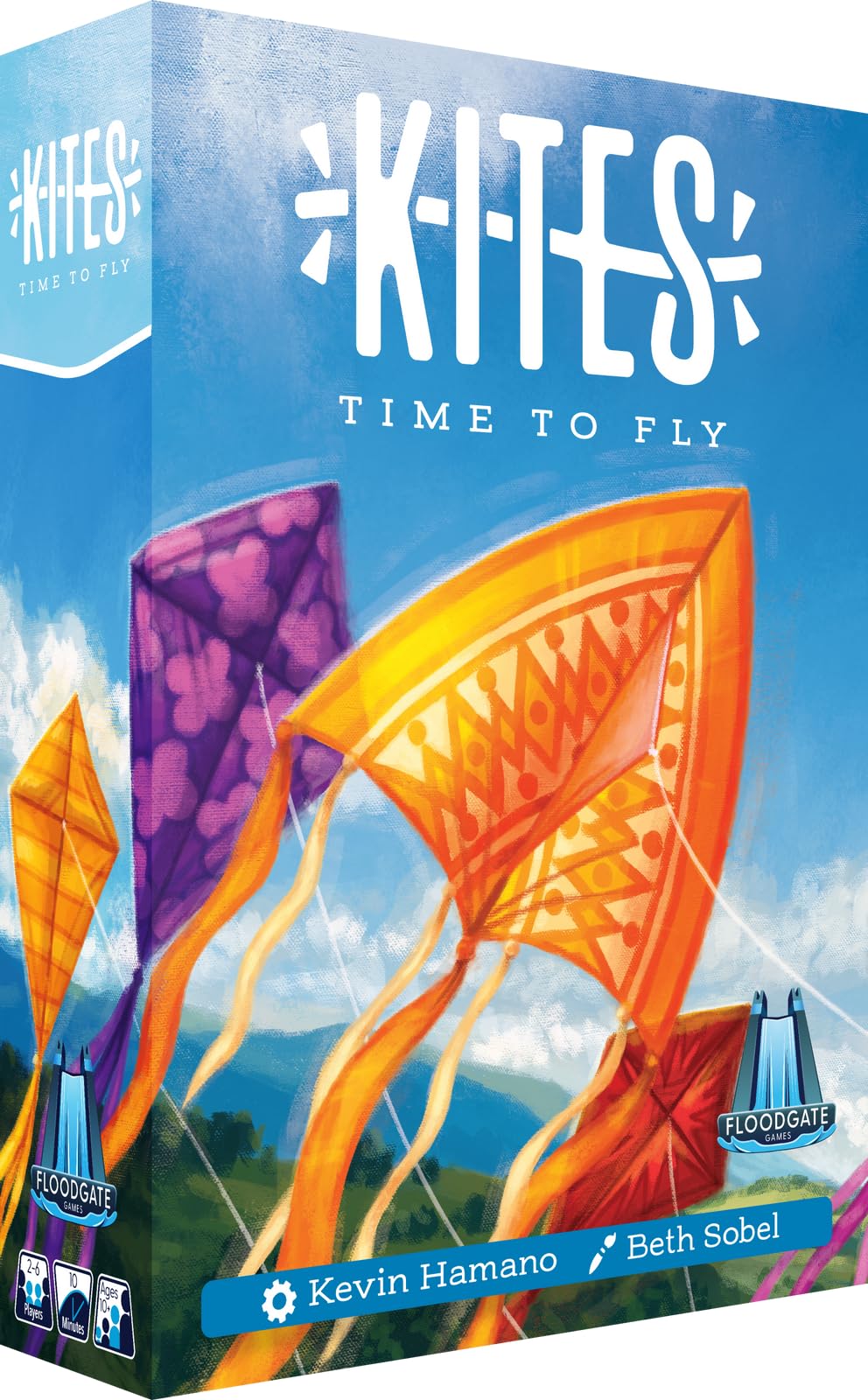 Colorful box art for the board game "Kites," featuring vibrant kites soaring against a blue sky.