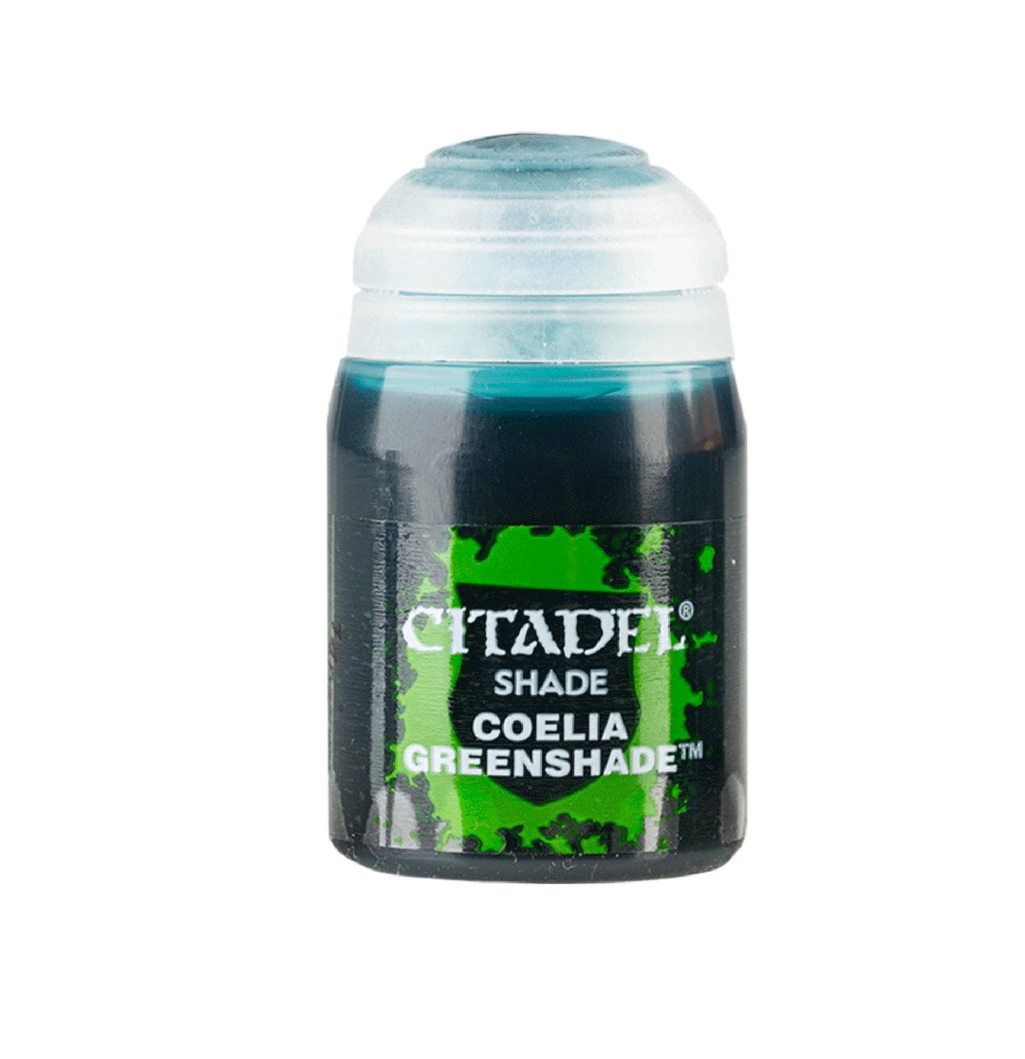 Citadel Colour Shade Paint Coelia Greenshade in an 18ml container with a black base and green label.