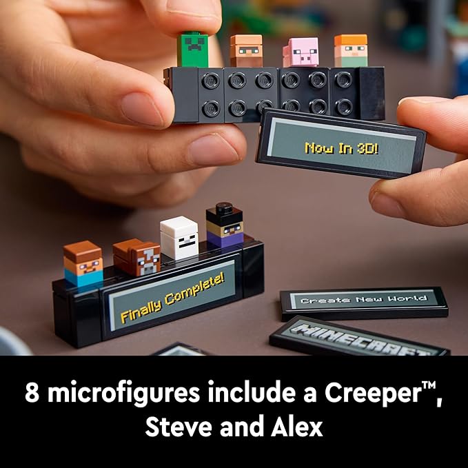 Hands assembling LEGO Minecraft: The Crafting Table set with eight microfigures, including Creeper, Steve, and Alex.