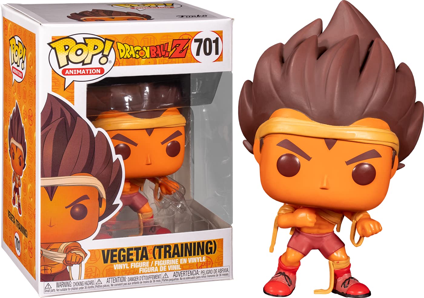Funko Pop! figure of Vegeta in training attire from Dragon Ball Z, featuring vibrant colors and a dynamic pose.