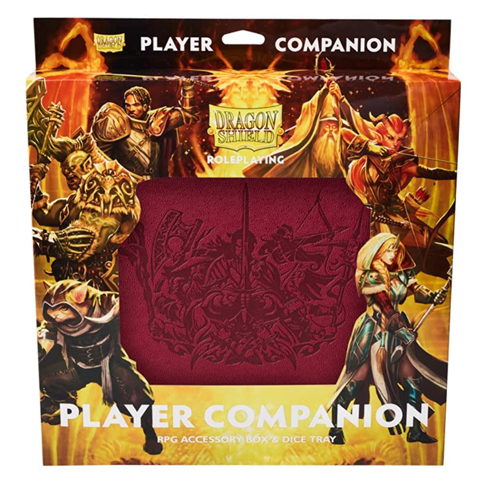 Dragon Shield Player Companion in Blood Red, featuring an RPG accessory box and dice tray, with fantasy artwork on the packaging.