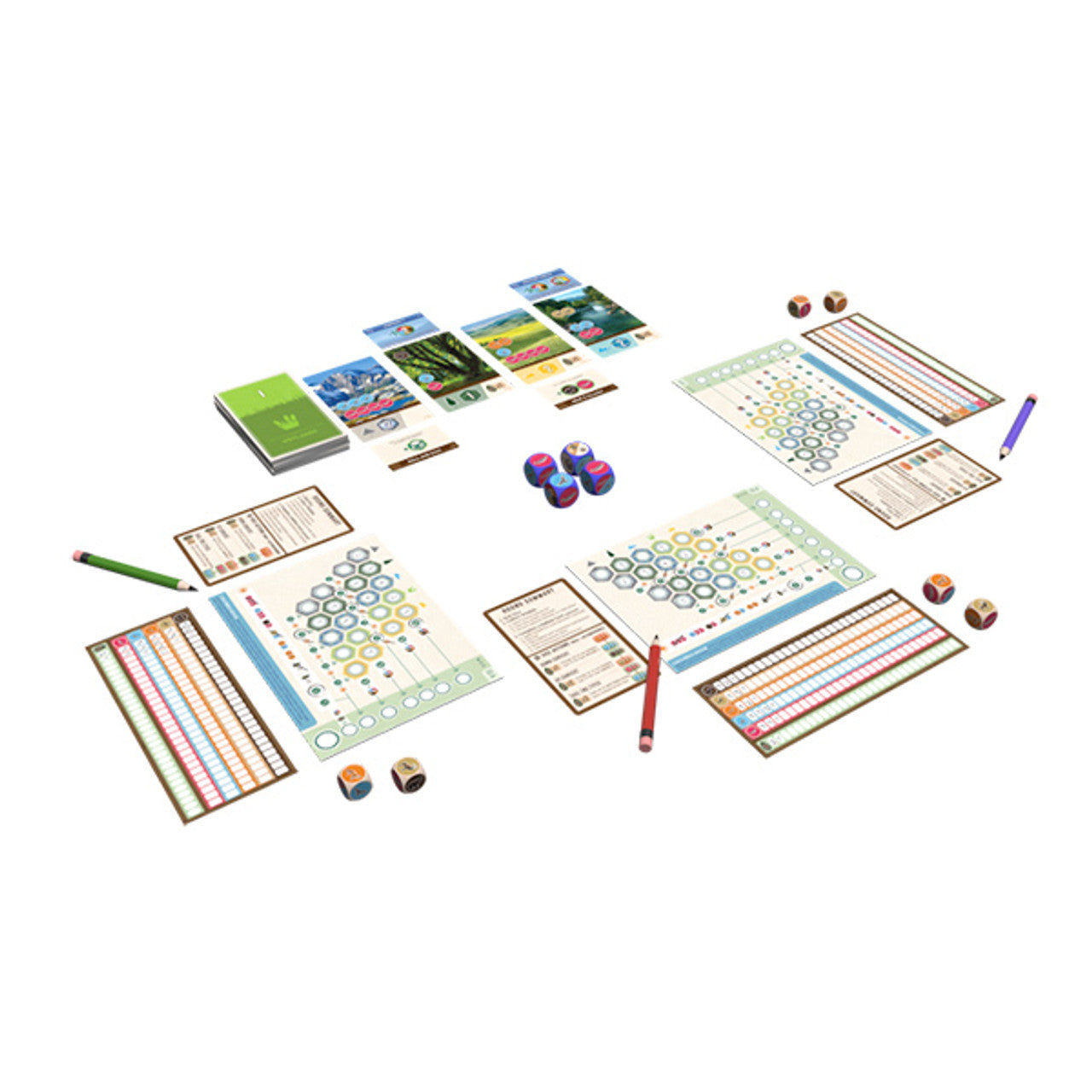 Cascadia: Rolling Hills game setup featuring player boards, dice, scoring sheets, and colorful markers on a white background.