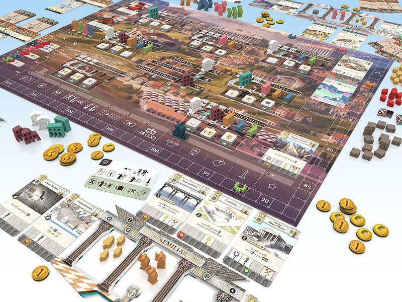 Aeterna board game setup featuring a detailed game board, various tokens, miniatures, and player cards arranged strategically.