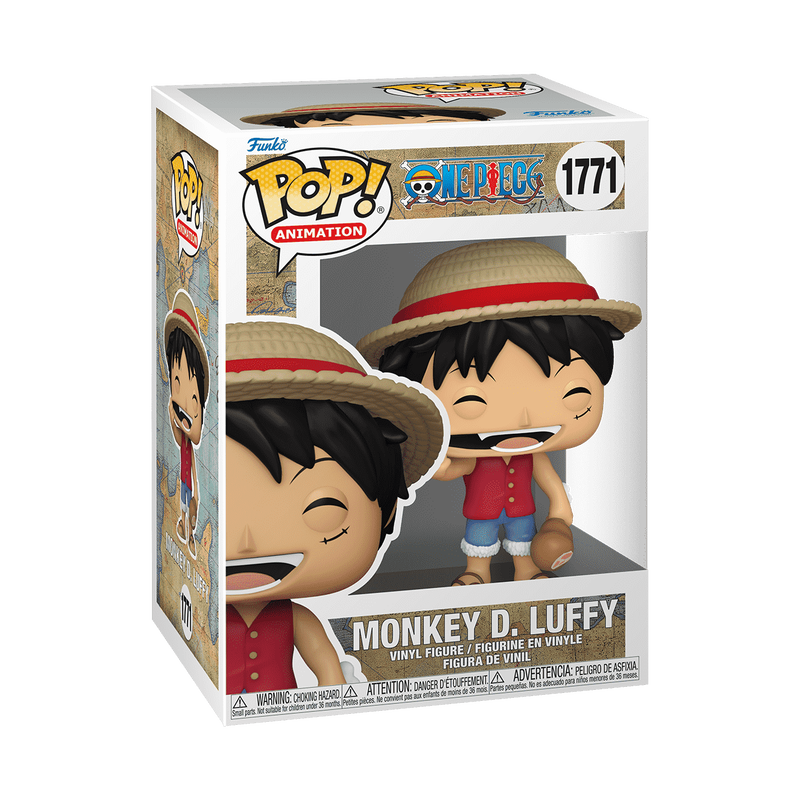Funko Pop! figure of Monkey D. Luffy from One Piece, featuring him smiling and holding a piece of meat.