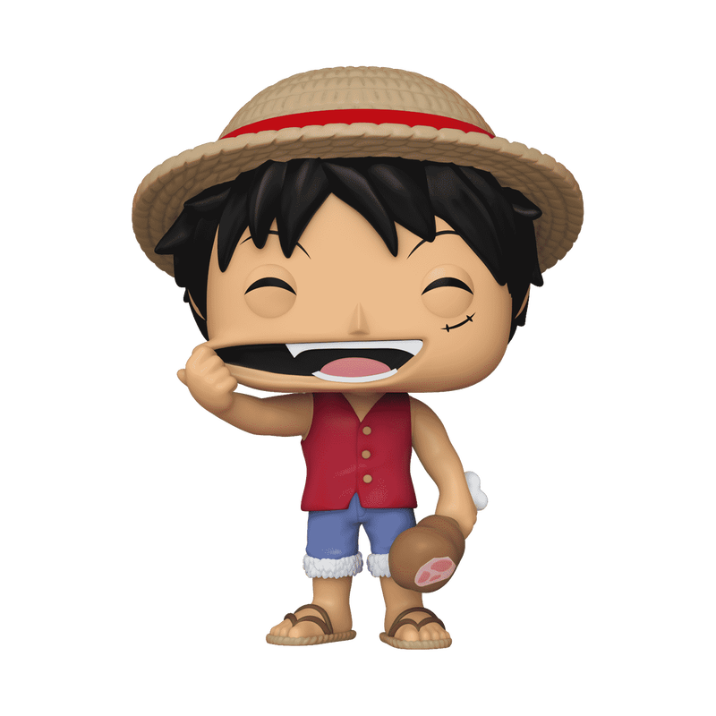Funko Pop! figure of Monkey D. Luffy holding a piece of meat, wearing a straw hat and casual outfit.