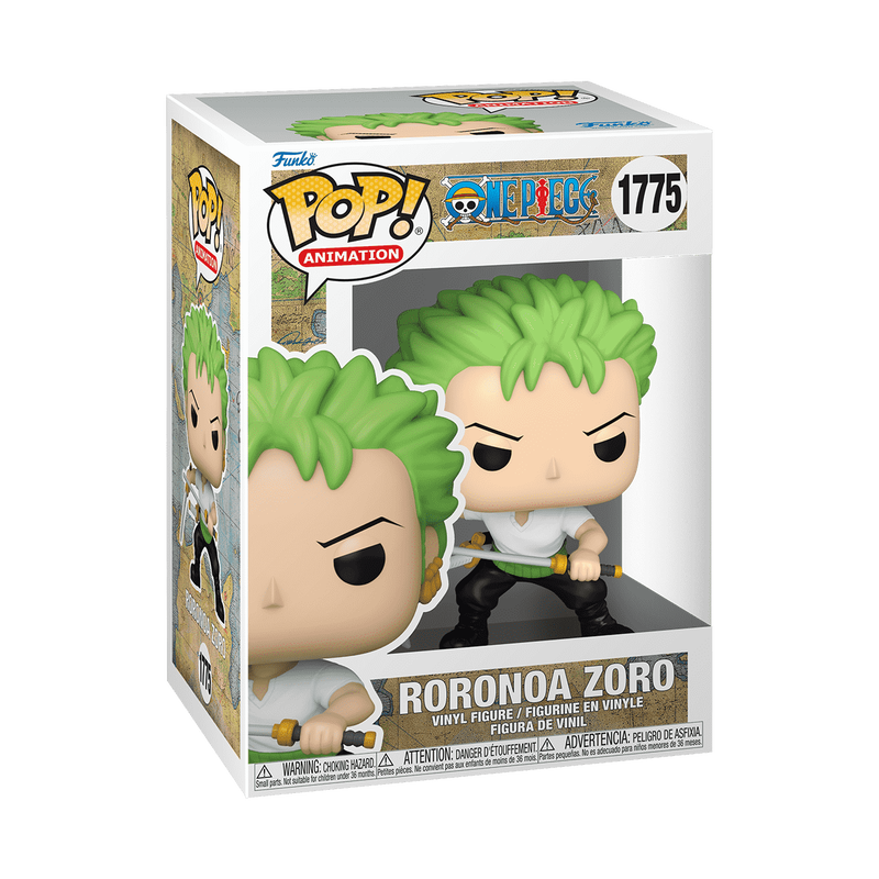 Funko Pop! figure of Roronoa Zoro from One Piece, featuring green hair and two swords, in a collectible box.