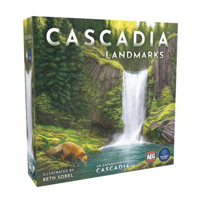 Cascadia: Landmarks Expansion board game box featuring a waterfall and a fox in a lush forest setting.
