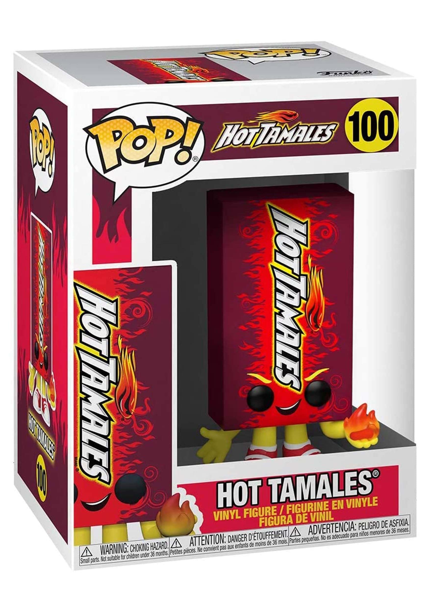 Funko Pop! Hot Tamales #100 collectible figure in a box featuring a cartoonish Hot Tamales character with flames.
