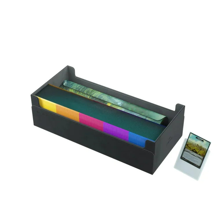 Game Genic Deck Box Dungeon 1100+ Convertible in black, featuring colorful dividers and a card displayed beside it.