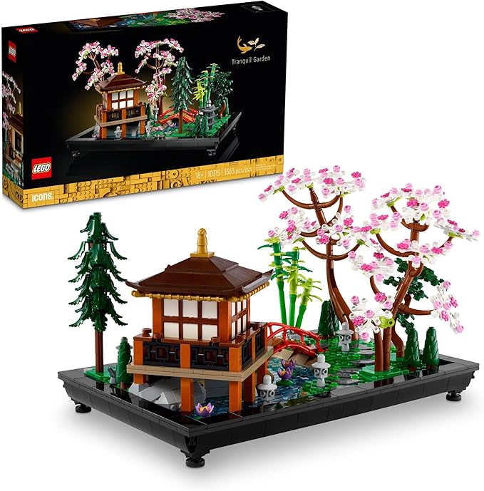 LEGO Icons Tranquil Garden set featuring a detailed garden scene with a pagoda, cherry blossom trees, and a bridge.