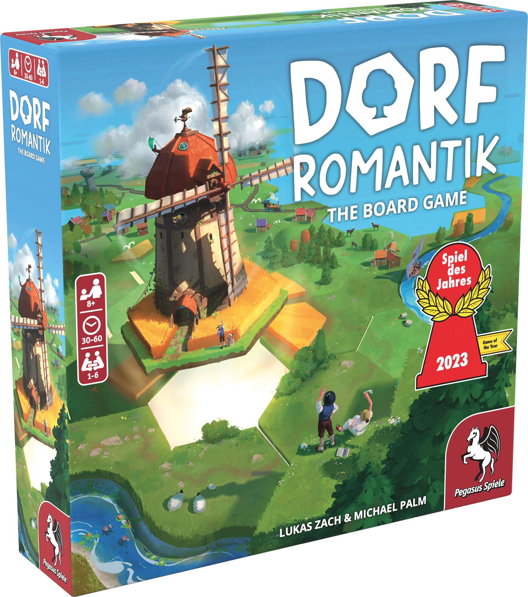 Colorful box art for Dorfromantik board game featuring a windmill, lush landscapes, and the game's title prominently displayed.