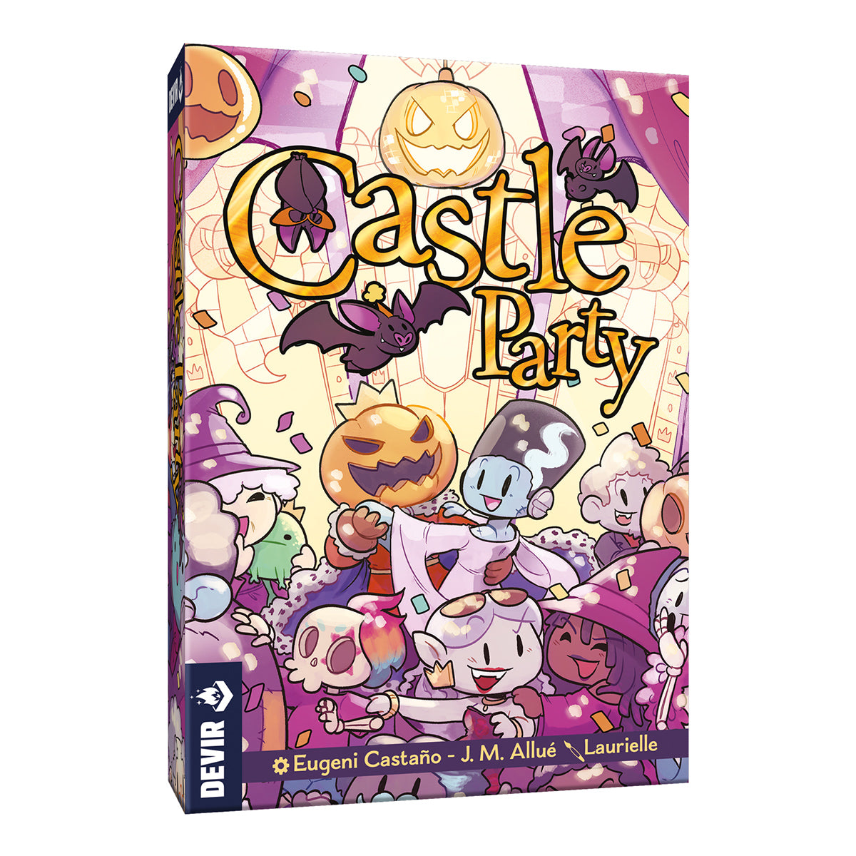 Colorful box art for "Castle Party," featuring whimsical characters celebrating with pumpkins and bats in a festive castle setting.