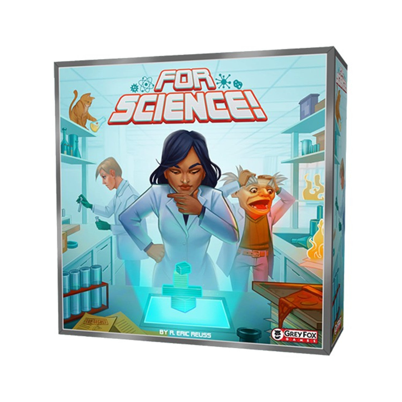 Box cover of "For Science!" featuring a scientist in a lab with playful characters, showcasing a fun and engaging science theme.
