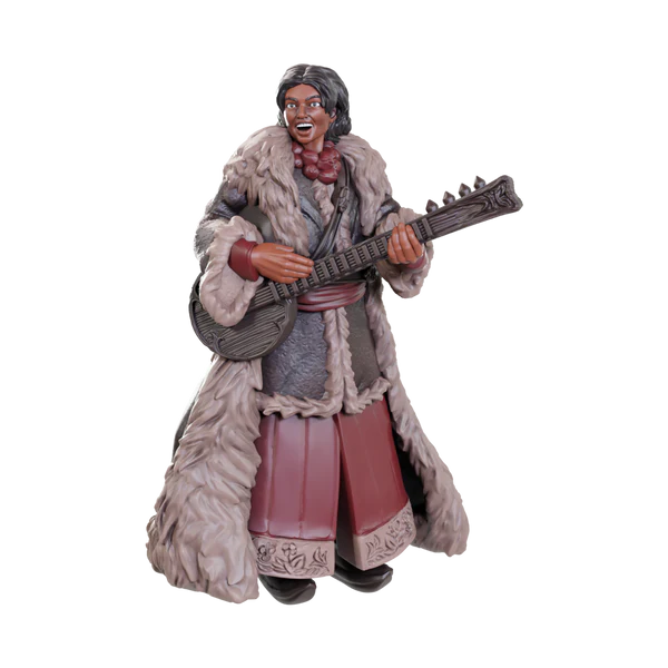 Ansalon Human Bard miniature from Dungeons & Dragons, featuring a woman in a fur coat playing a lute.