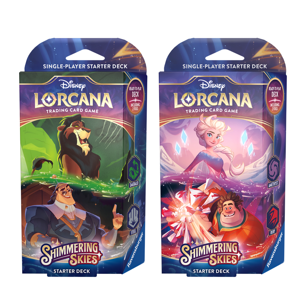 Disney Lorcana TCG Shimmering Skies starter deck set featuring characters from Disney films, designed for single-player gameplay.