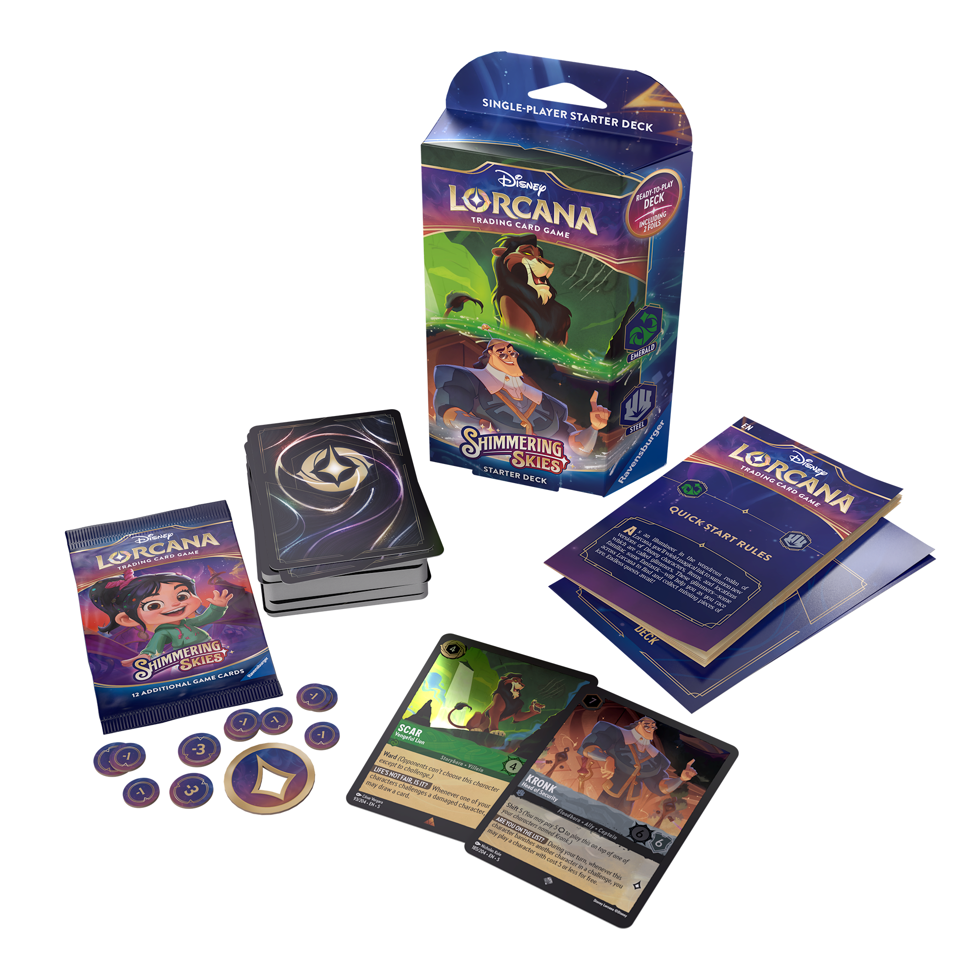 Disney Lorcana TCG Shimmering Skies starter deck set of 2, featuring cards, tokens, and a guide for single-player gameplay.