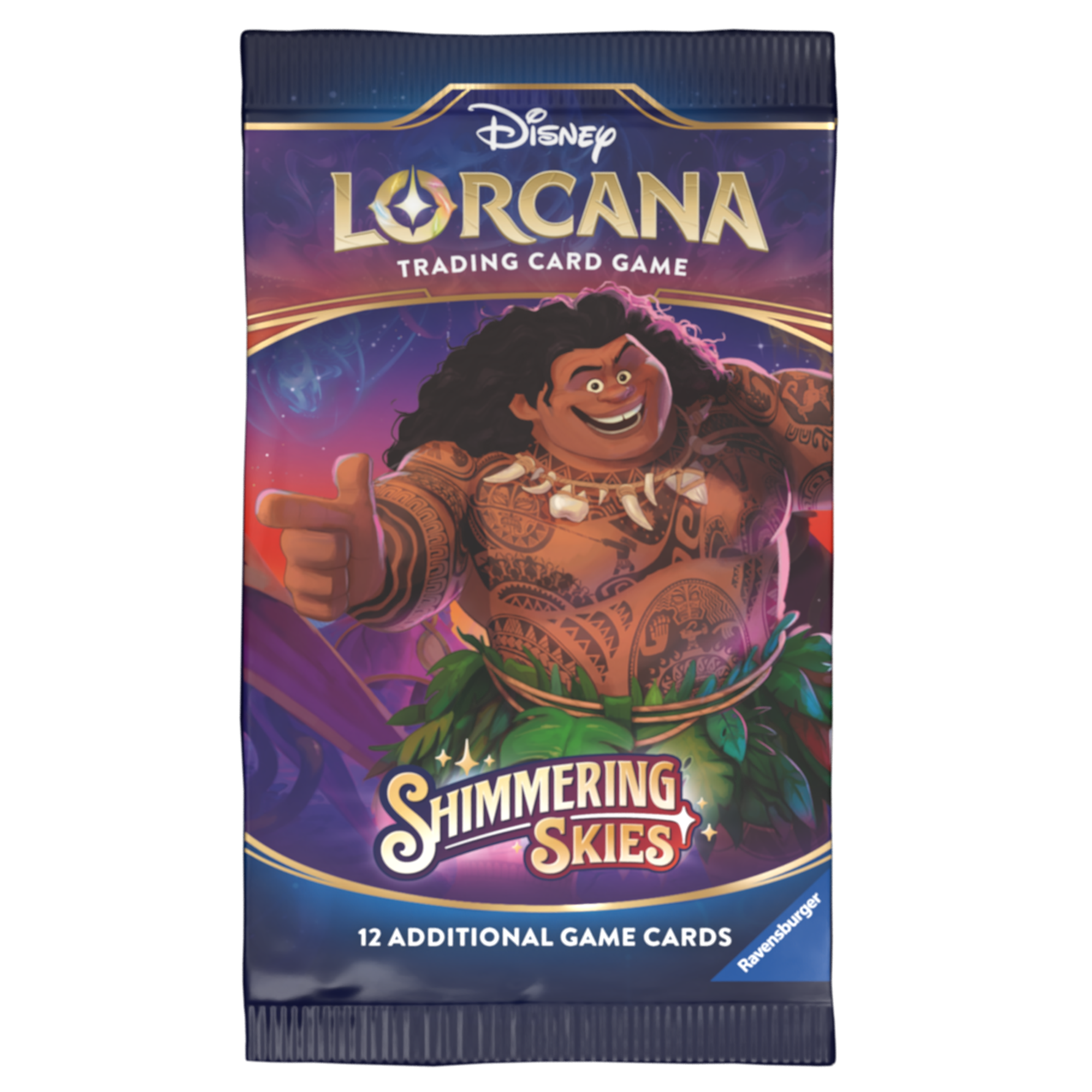 Disney Lorcana TCG Shimmering Skies booster box featuring a character with tattoos and a welcoming gesture, containing 24 packs.