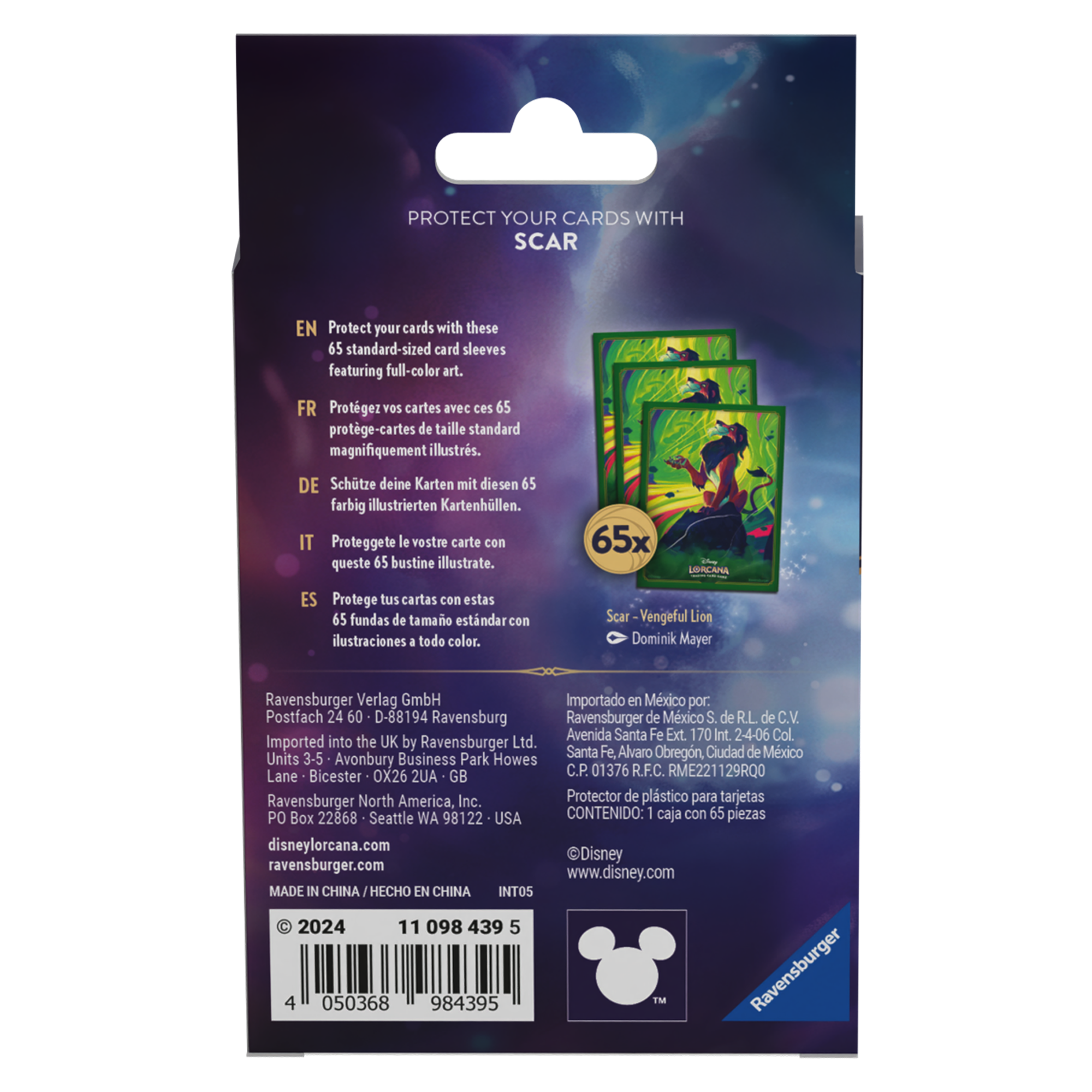 Matte card sleeves featuring Scar from Disney's Lorcana TCG, designed to protect cards with vibrant artwork.